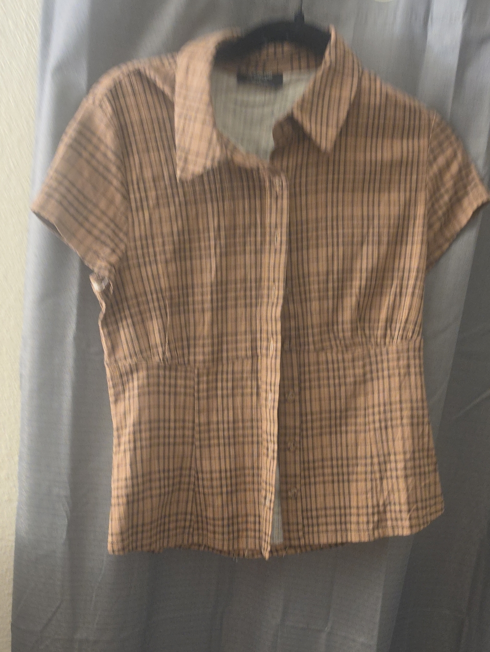 Women's Short-Sleeve Button Front Plaid Top in Brown